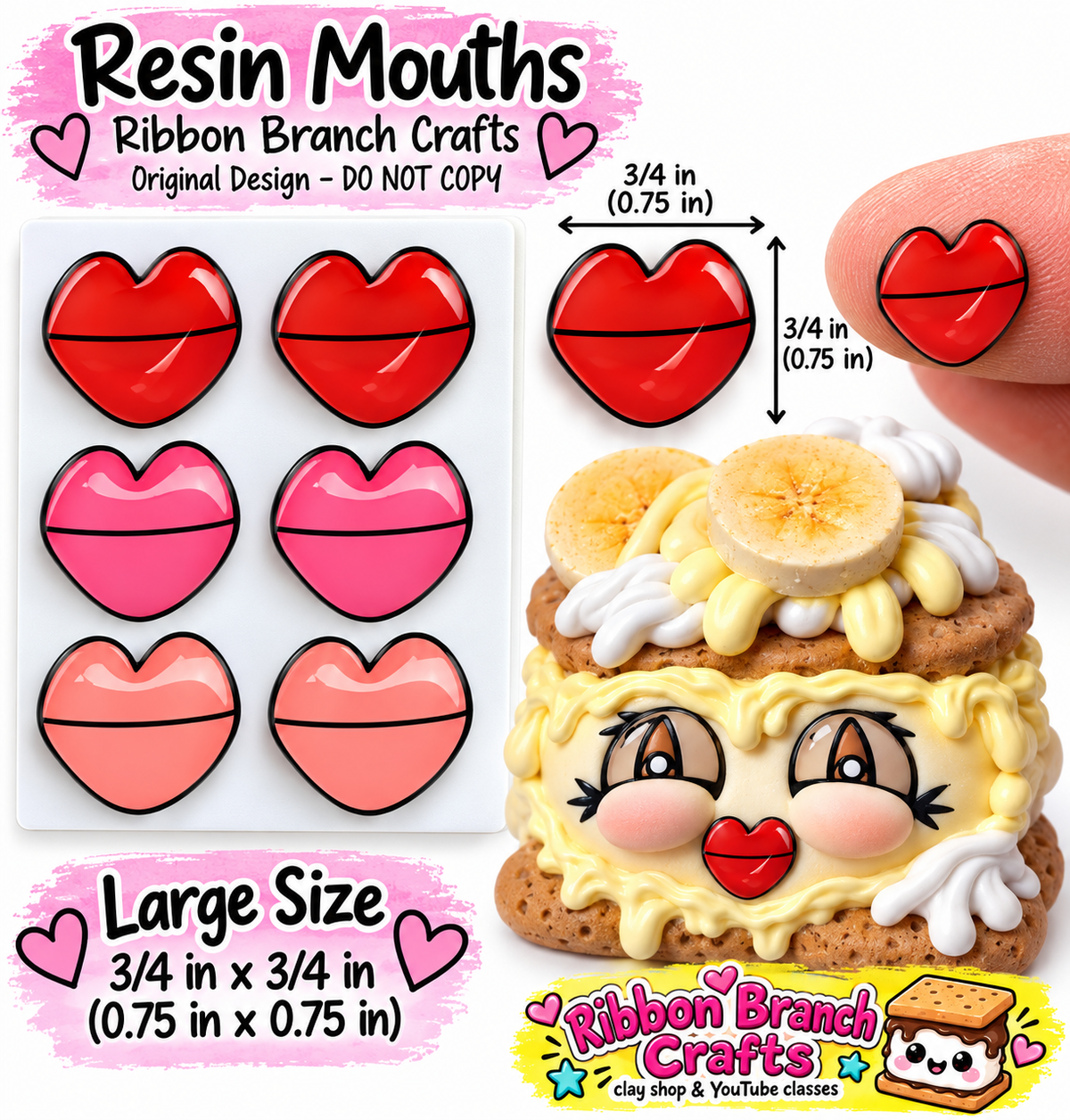 RBC MOUTH #2 / ORIGINAL DESIGN / Resin mouth for clay / Ribbon Branch Crafts / air dry foam clay / porcelain clay / doll mouth / felt mouth